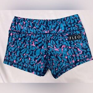 FLEO Women's Shorts Size S Blue Pink Leopard Print Athletic Gym Workout